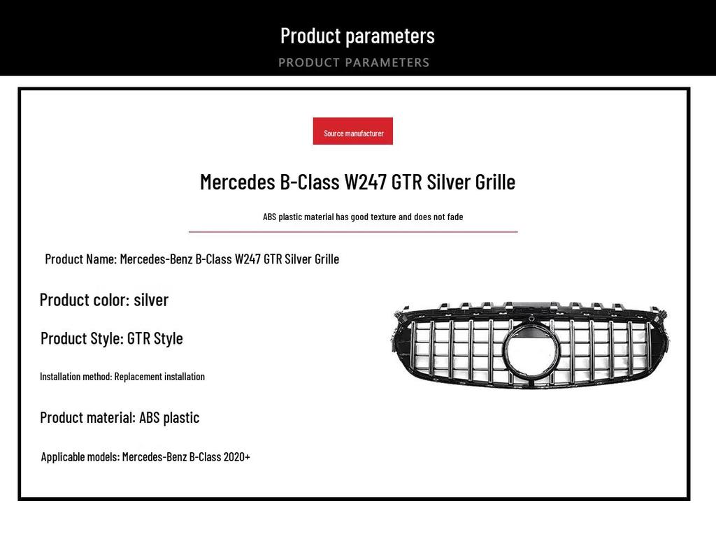 Front Grille Replacement for 2020-2025 Mercedes-Benz B-Class W247 GT - Silver