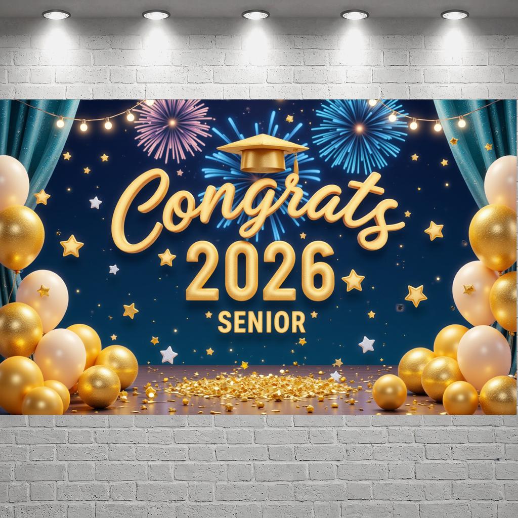 2026 Grad Background Star Decor Grad Event Display Graduation Banner Firework Design Senior Celebration Banner For Senior Indoor