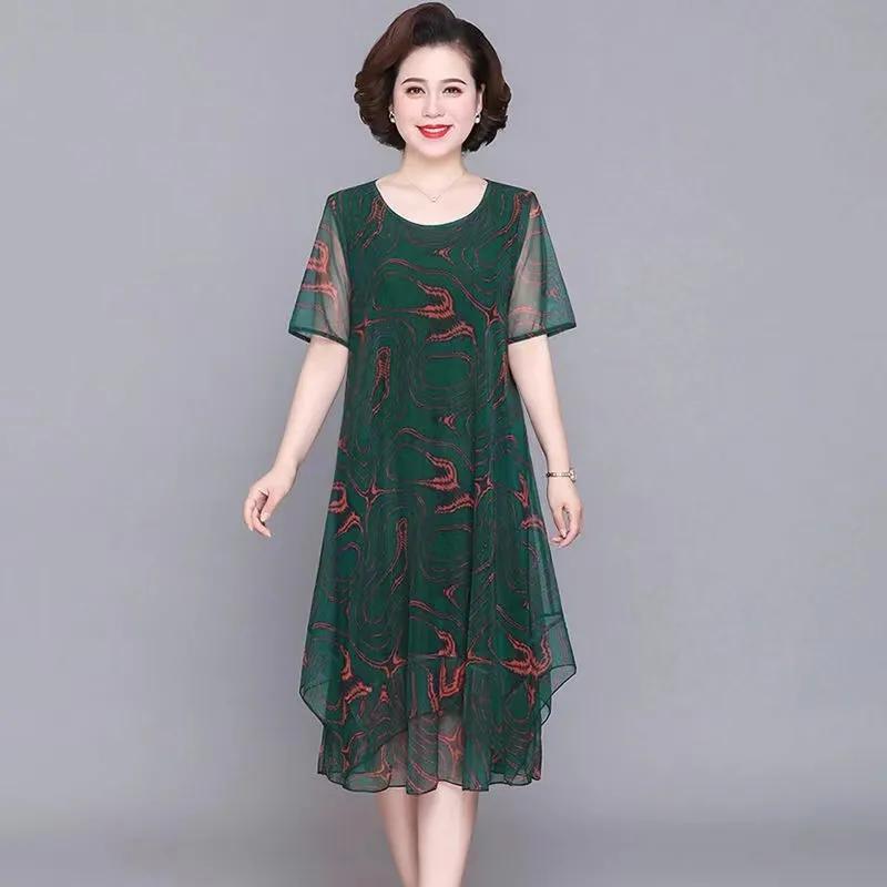 Summer Vintage Print Long Dress for Women Plus Size Short Sleeve Summer Casual Dress Female