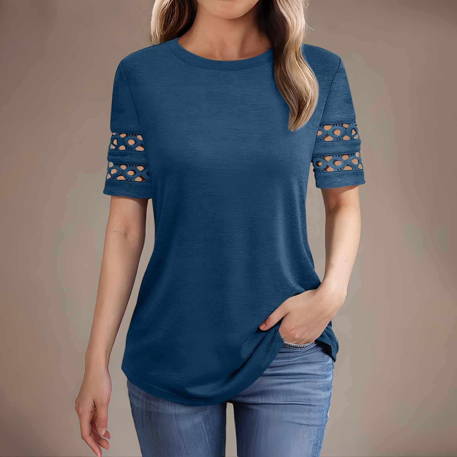 

Женская узкая футболка, модная повседневная однотонная футболка с круглым вырезом, короткий рукав S тёмно-синий