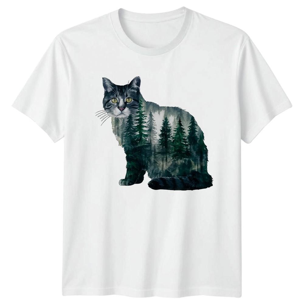 Misty Forest Cat Nature Inspired TShirt Watercolor Art Cat Animal Birthday S