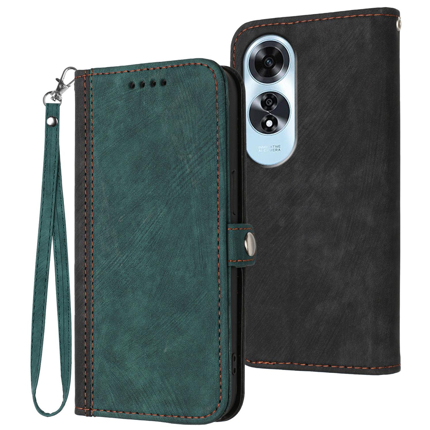 

YX0020 For Oppo A60 4G Leather Case Folding Stand Wallet Phone Cover with Strap Blackish Green