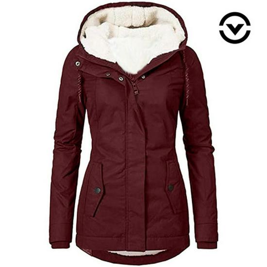 Damesmantel in Europese stijl, middellang, effen kleur, met fluwelen voering voor de herfst/winter.