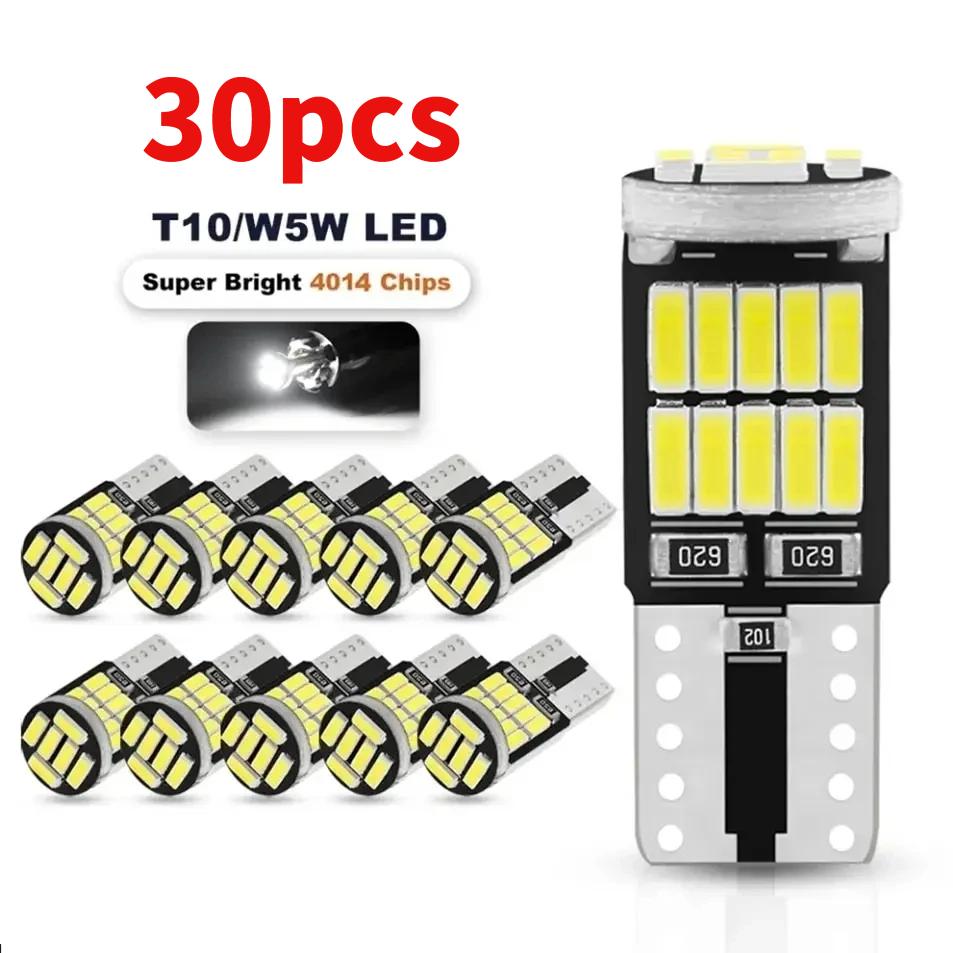 10-30PCS W5W T10 Led Bulbs Canbus 4014 SMD 6000K 168 194 Led 5w5 Car Interior Dome Reading License Plate Signal LightLamp Bulbs 7