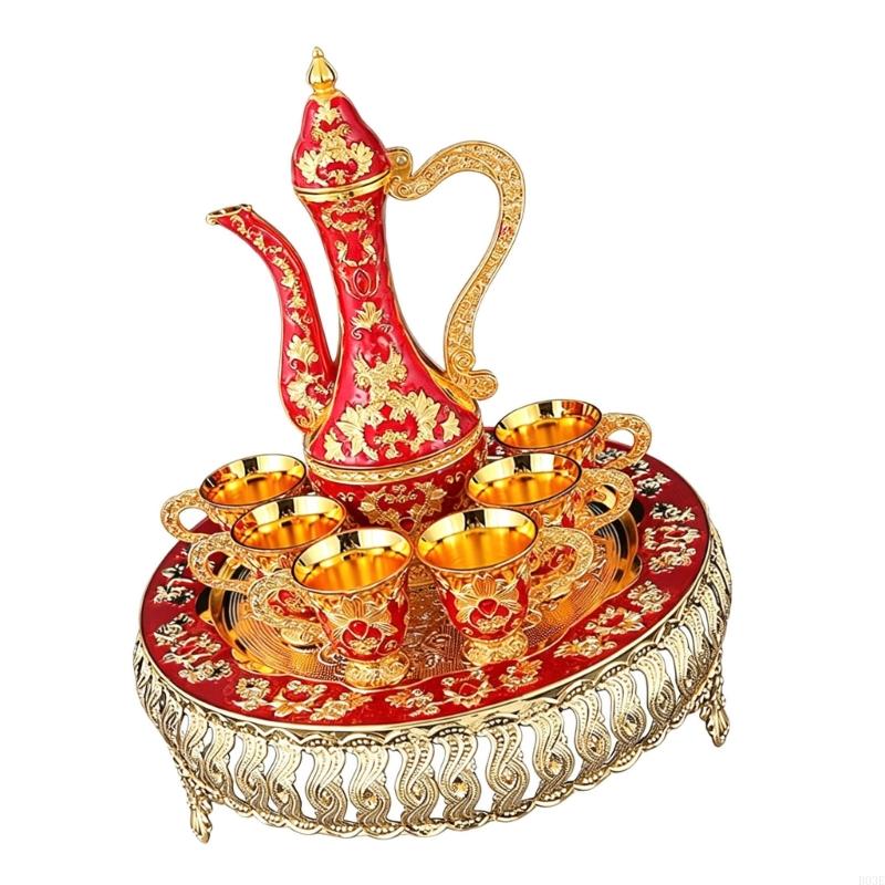 Elegant European Metal Barwares Set With Florals Embossed Decanter Tray and Glasses for Home Entertaining B03E