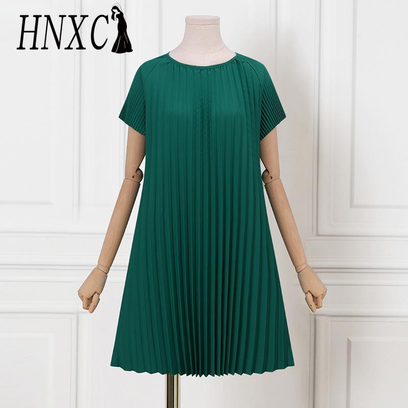 HNXC Dámské ležérní letní krátké rukávy s kulatým výstřihem a skládané šaty