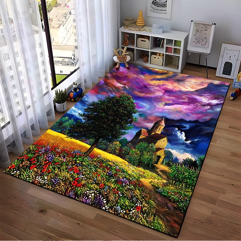 Colorful Landscape Carpet with Church, Tree, Flowers, and Vibrant Sky. Suitable for use as an anti-slip for living room bedroom sofas