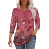 Women Casual Floral Print Loose Fit Round Neck Three Quarter Sleeve Blouse Lightweight Comfortable Top for Everyday Wear