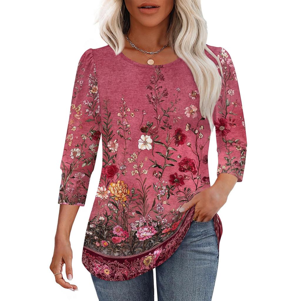 Women Casual Floral Print Loose Fit Round Neck Three Quarter Sleeve Blouse Lightweight Comfortable Top for Everyday Wear