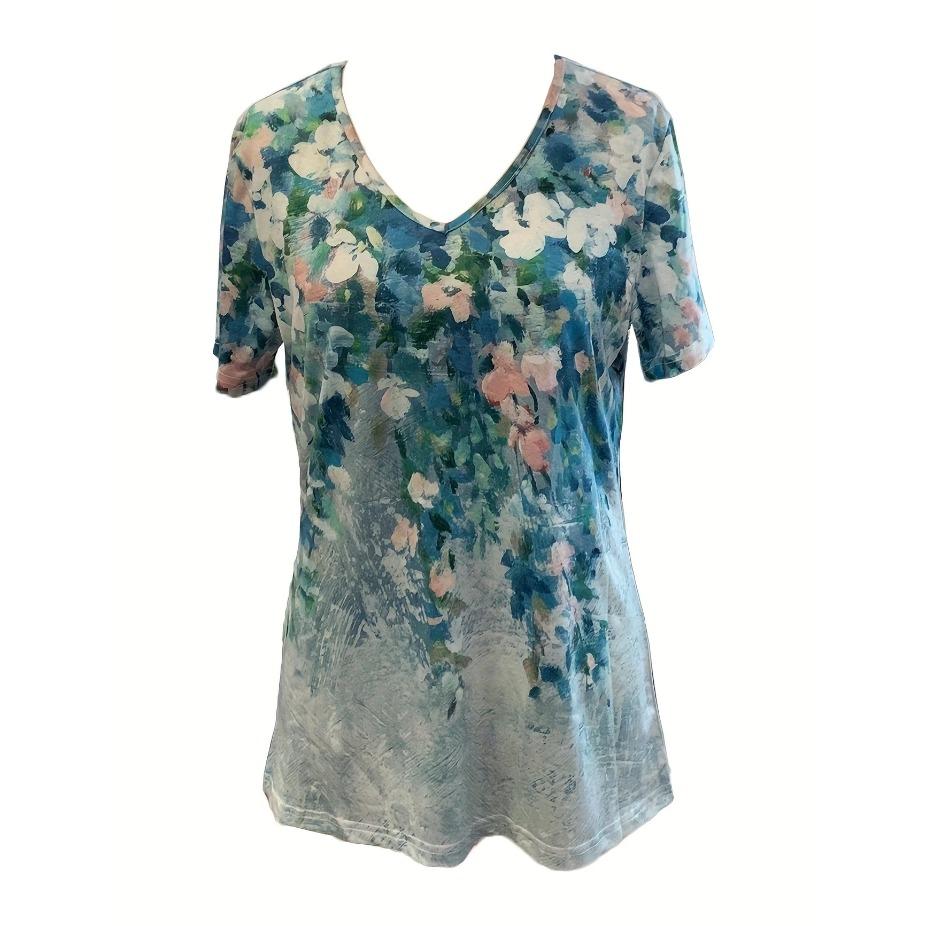 Chic Floral V-Neck Tee - Women's Breathable Short Sleeve Shirt for Spring/Summer Comfort T Shirts