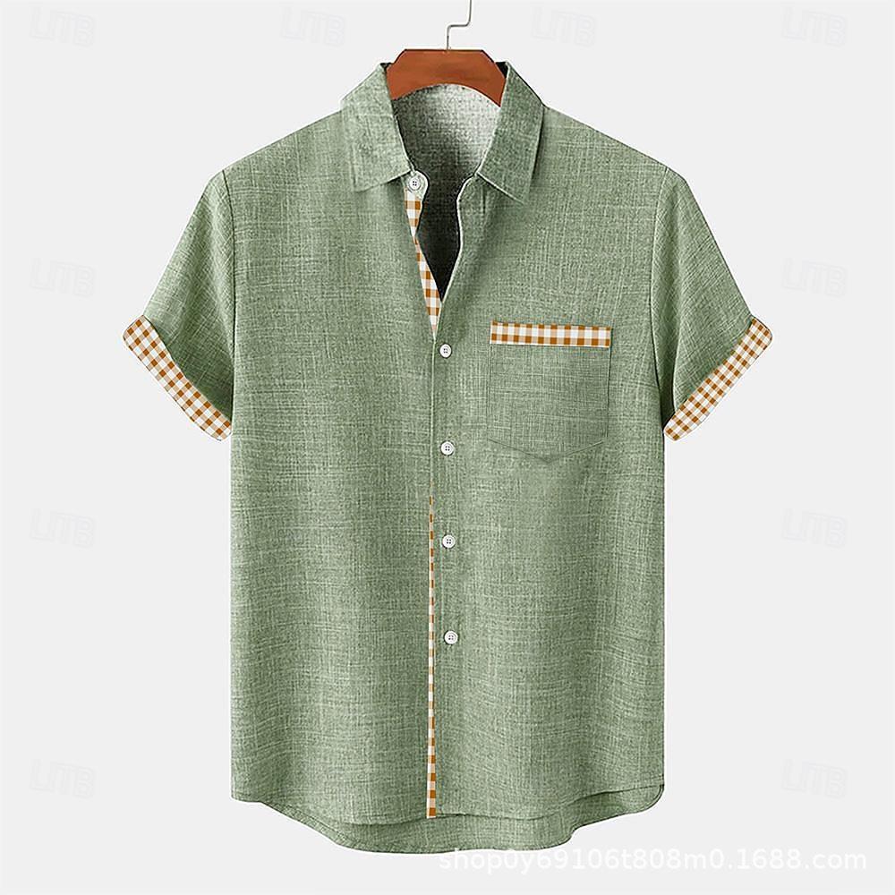 Men's Linen Shirt Hawaii Casual Vacation Men's Short Sleeved Lapel Pocket Shirt Men's Linen Top