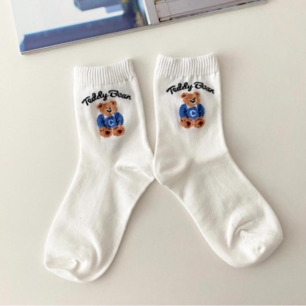 1~5pair Korean Teddy Bear Socks – Cute Cozy Women’s Cotton Socks – 5 Colors Set – K-Fashion Trending Gift Idea белый