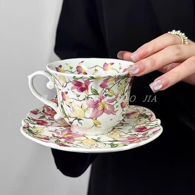 High Value Retro French Ceramic Cup Lily Oil Painting Coffee Cup Saucer Set Afternoon Tea Latte Mug