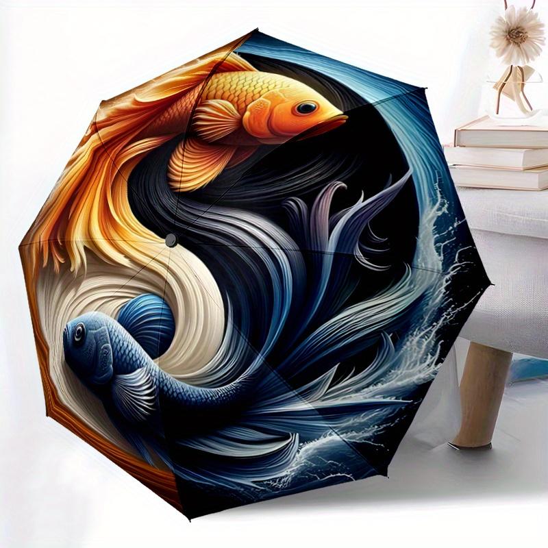 1 Stück Yin Yang Karpfen Design Automatisches Öffnen und Schließen Faltbar - Eine Gute Wahl für Geschenke, Modischer und Praktischer Regenschirm Mit Niedlichem Wagen