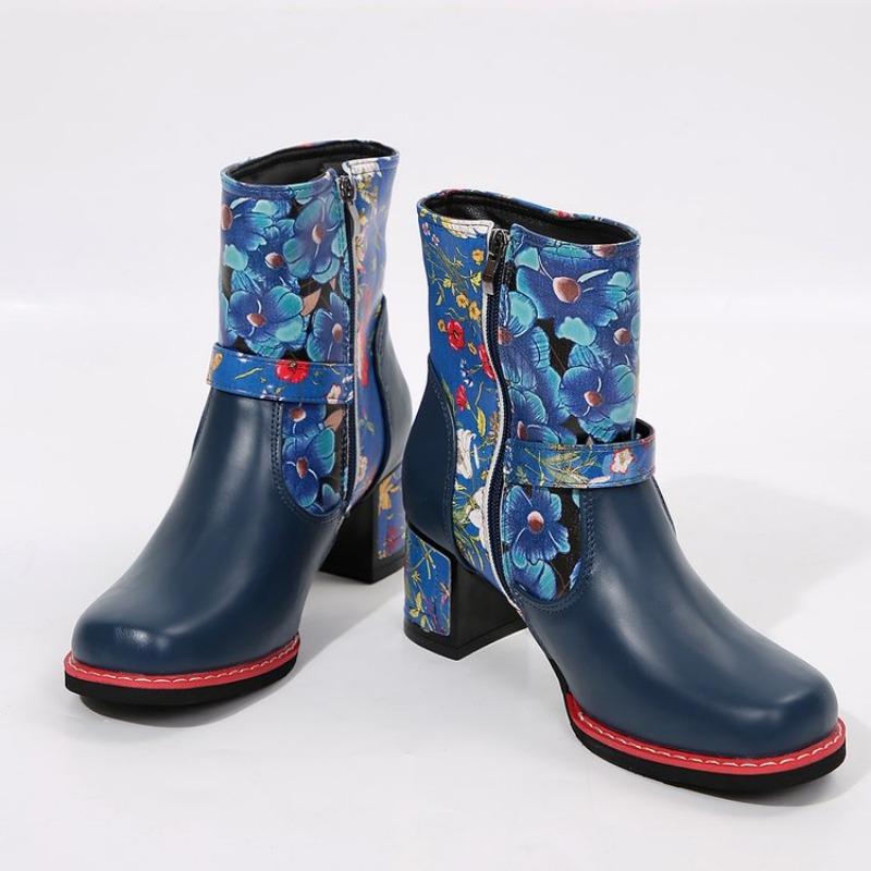Fashion Women's Chunky Heel Boots Winter New Round Head Color Matching Printed Side Zipper Belt Buckle Short High Heel Boots