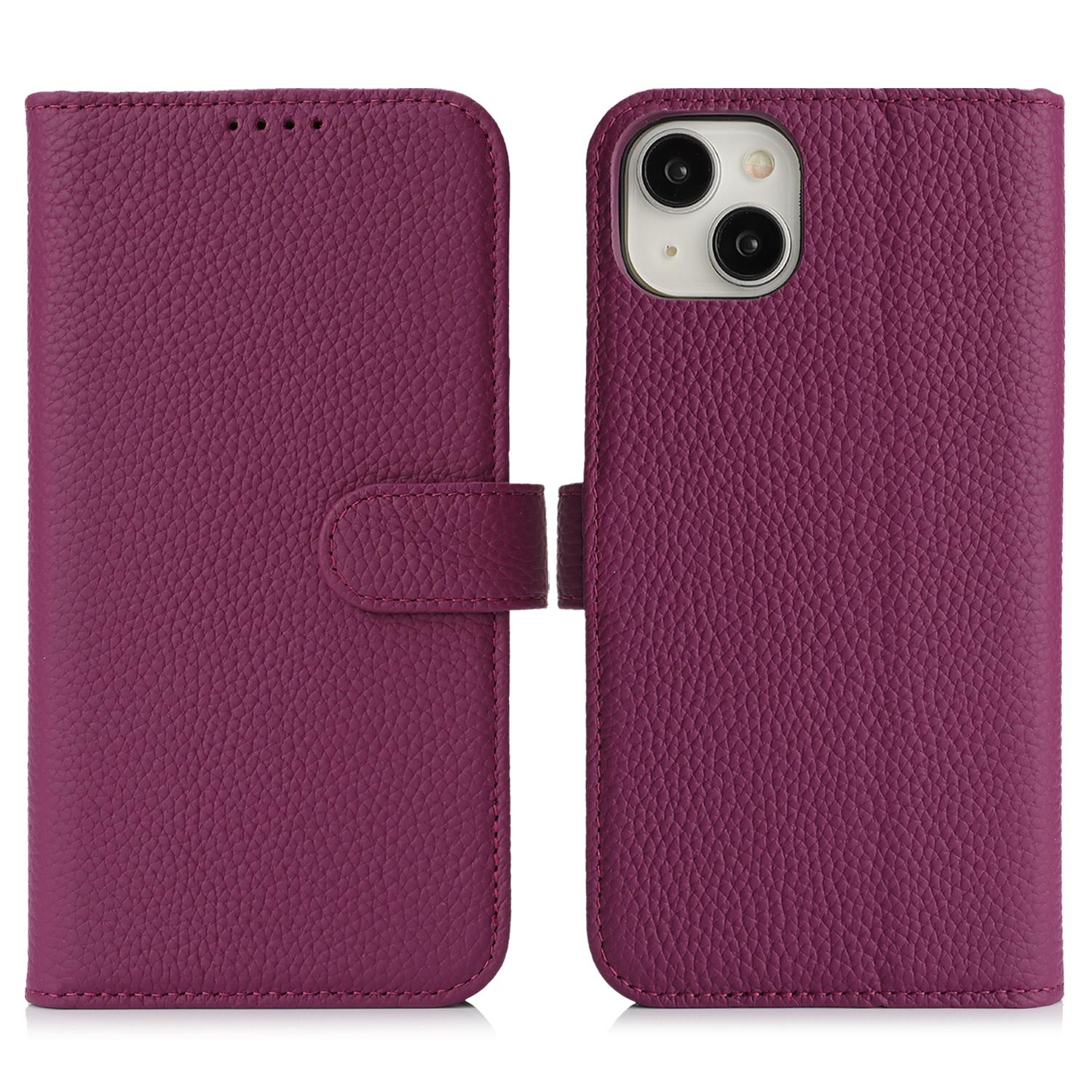 

For iPhone 14/13 Stand Case Litchi Texture Genuine Cow Leather Wallet Phone Cover RFID Blocking Violet