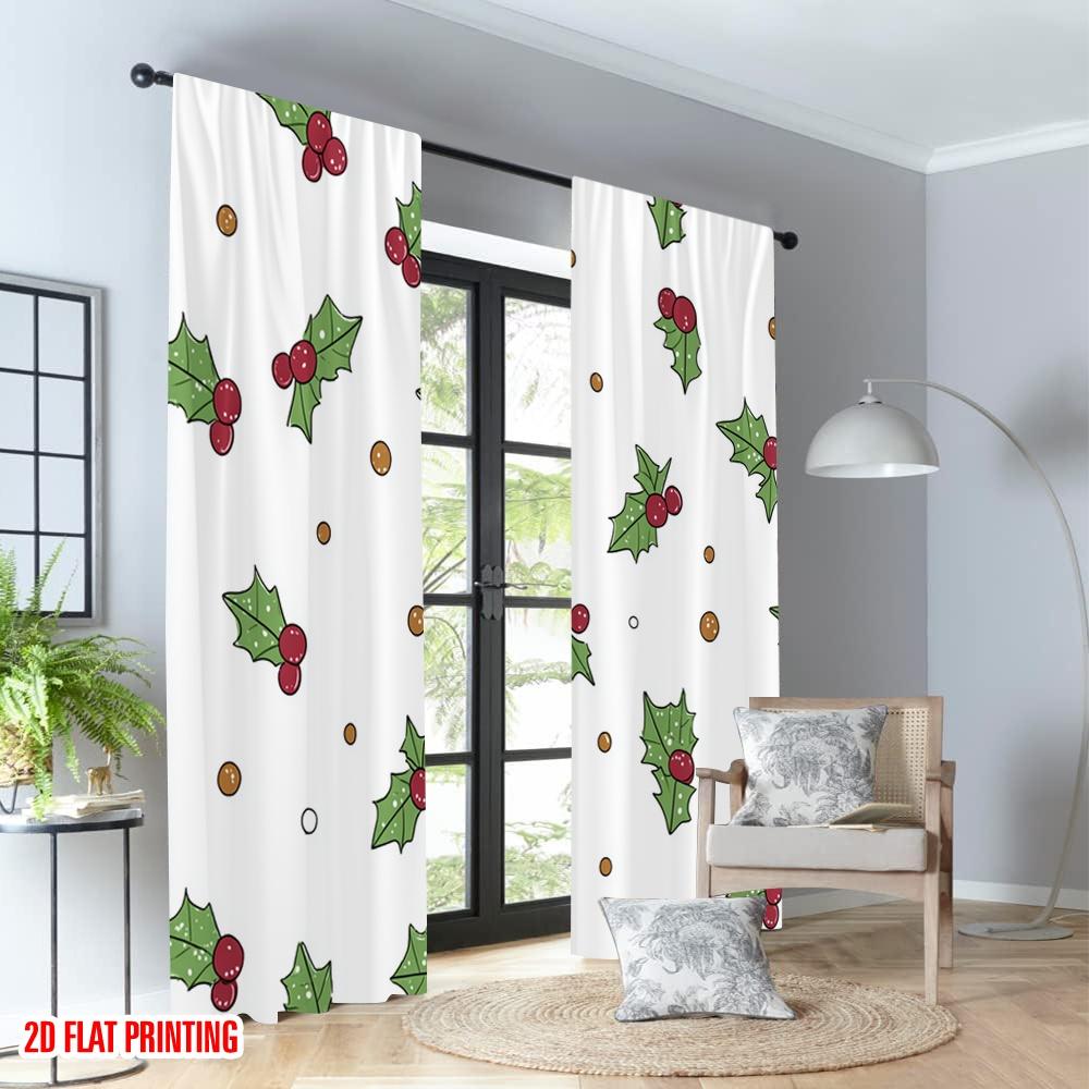 Set Of 2 Flat Printing Fashionable Christmas Curtains Holly Berries Digital Printed Polyester Drapes Festive Wall Decor Curtain Made