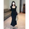 French design sense neck red dress women's autumn waist and thin hips fishtail dress long sleeve temperament long dress