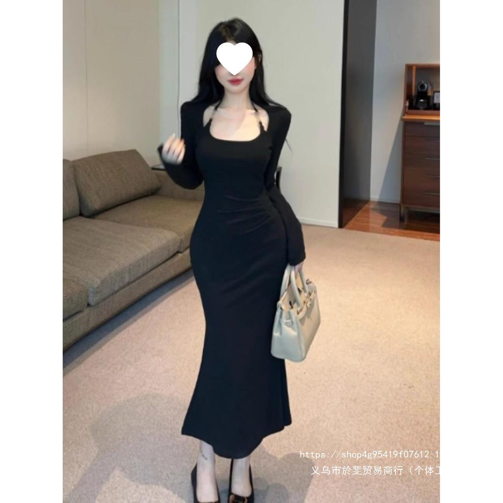 French design sense neck red dress women's autumn waist and thin hips fishtail dress long sleeve temperament long dress