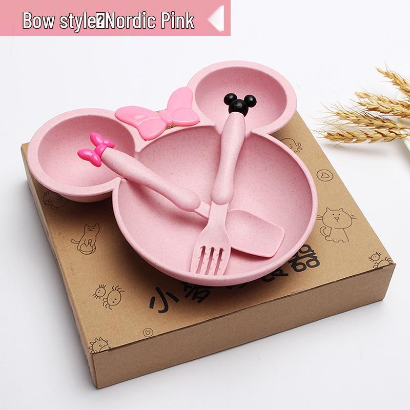 Cute Children's Wheat Straw Tableware Set: Rice Bowl, Eating Plate, Spoon, and Fork - Perfect Baby Gift