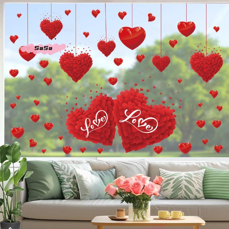 Valentine's Day Heart Shaped Wall Window Stickers Festive Party Decorations for Home Shop Restaurant Create Romantic Atmosphere