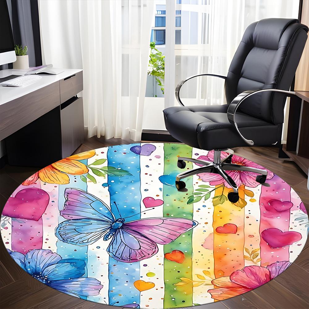 1pc Rainbow Butterfly Office Round Rug, Carpet for Office, Gaming, Lightweight Round Floor Mat yy260205032