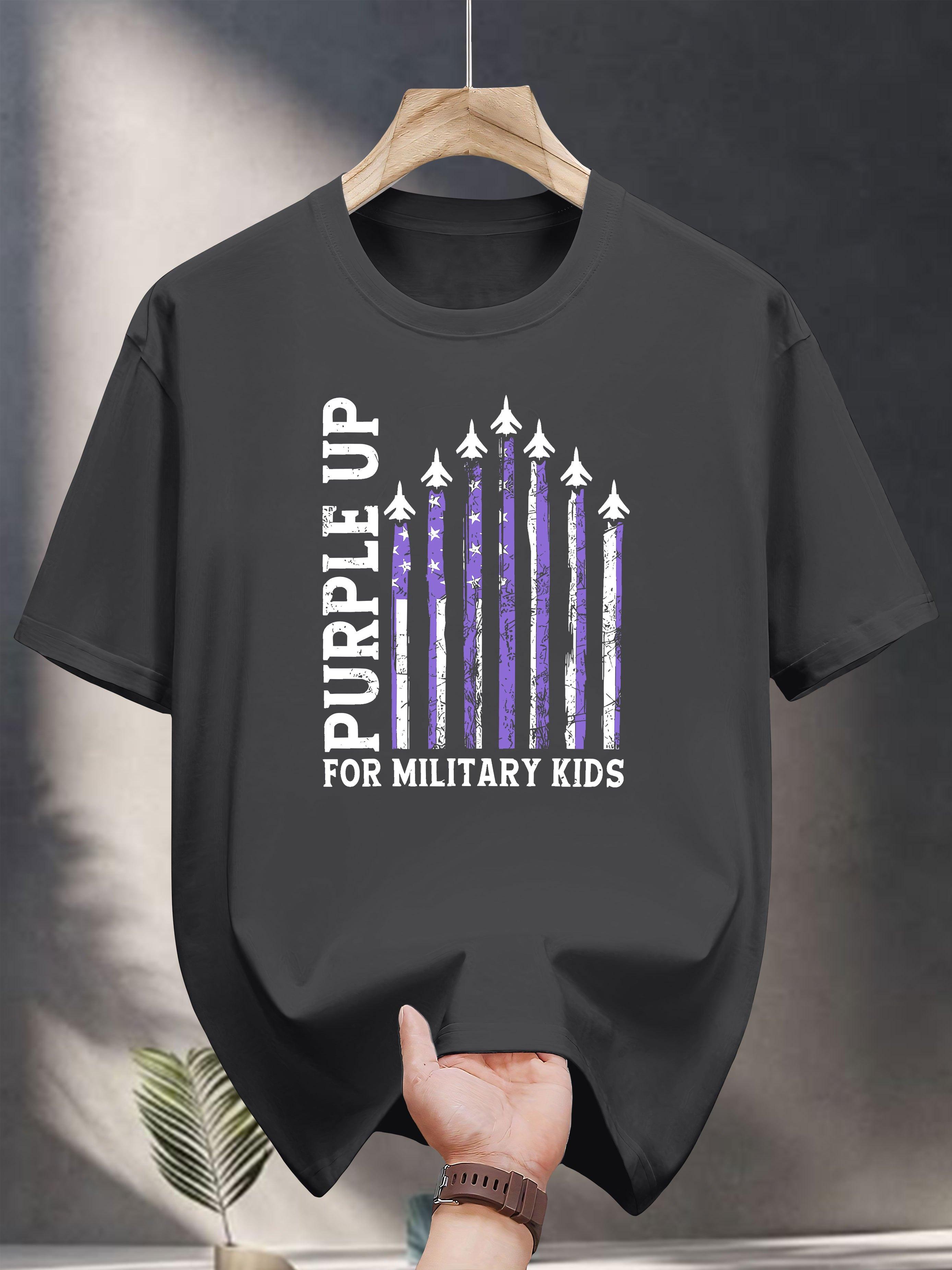 Military Support Graphic T-shirt - Purple Up & Rockets Print Casual Short Sleeve Tee for Adults XL