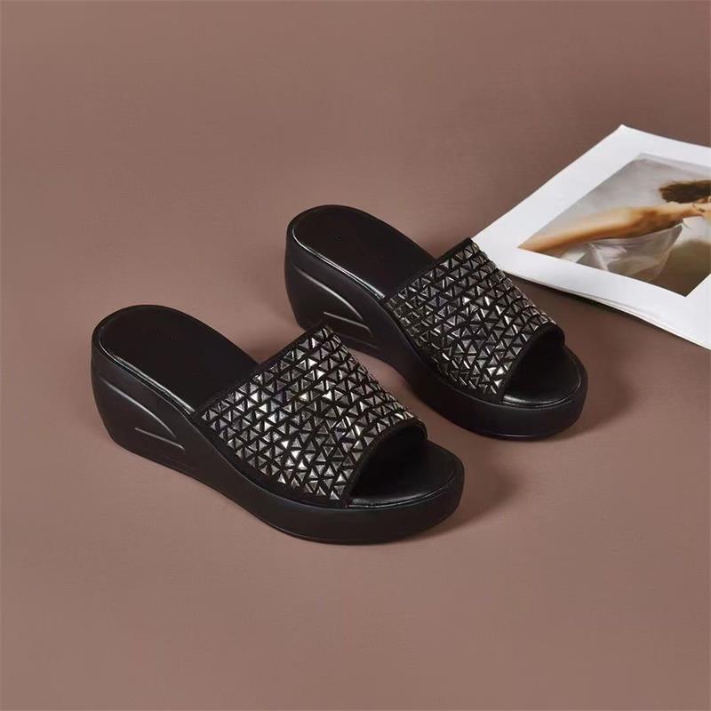 

Стразы мягкая кожа крутые тапочки женская летняя обувь 2025 мода кэжуал толстая подошва танкетка серебристые туфли женские 40 серебряный