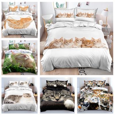 3D Animal Bedding Set Cat Down Duvet Cover Pillowcase 2/3pc Soft Quick Drying Home Textile Single Double Bed All Sizes