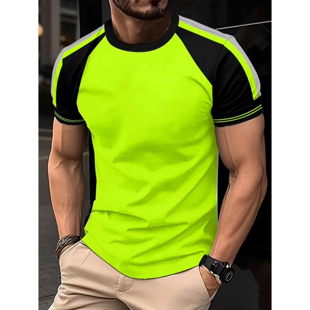 Men's 3D Printed New Safety Sign Color-Block Design Short Sleeve Fashionable Summer Casual