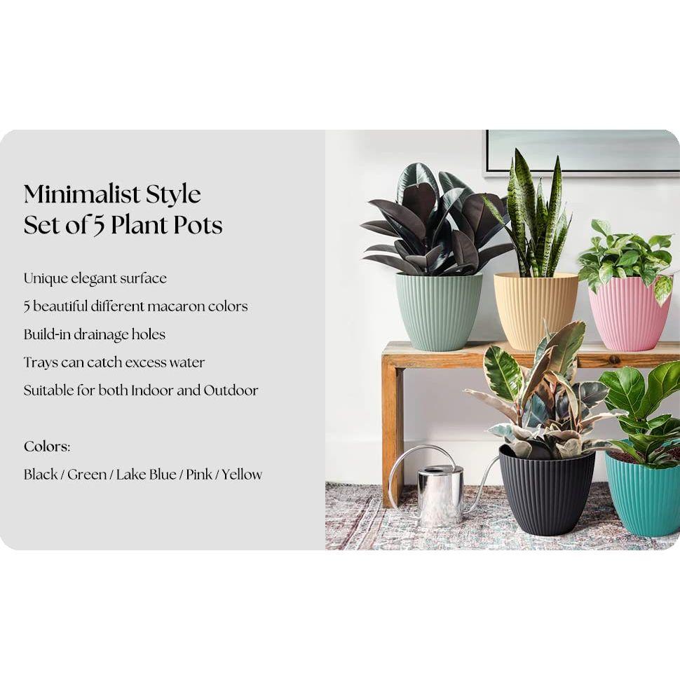Plastic Round Flower Pot with Tray | Plant Pot for Home, Terrace, Garden Etc | Planter | Pack of 05 | Multicolor | Size 6.5 Inch