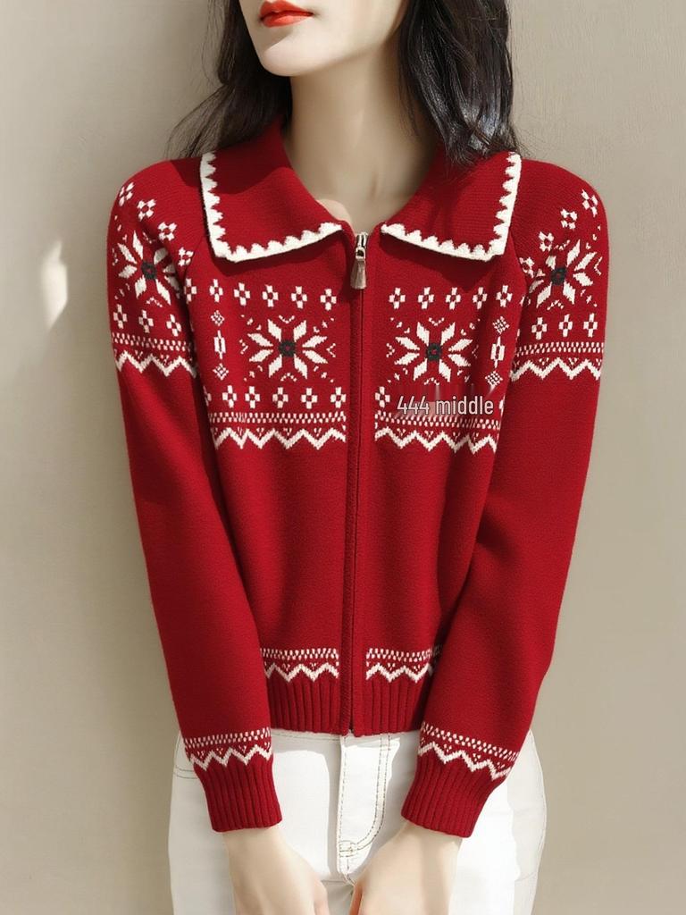 Women's Fair Isle Retro Knit Cardigan with Zippered Lapel - 2026 Spring/Autumn Collection.