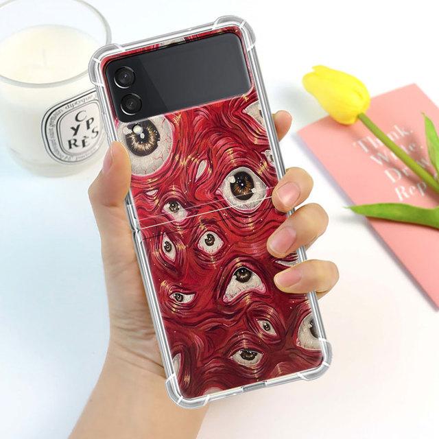 Scary Face Eyes Smiley Case For Samsung Galaxy Z Flip 3 4 5g Funda Z Flip3 Clear Pc Hard Shockproof Back Phone Coque Shell