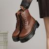Couple thick bottom hole locomotive boots women, side zipper mad horse brown short boots leather muffin bottom tooling