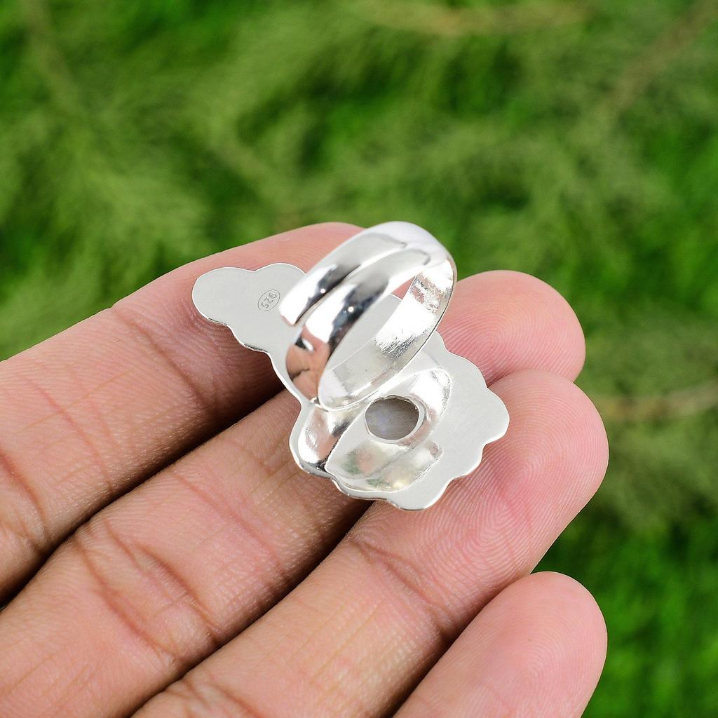 Mothers day Deal Rainbow Moonstone Gemstone Bezel Flower Ring Sterling Silver