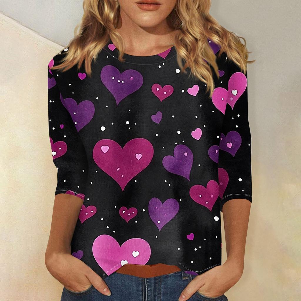 Damenmode Lässiges T-Shirt mit Rundhalsausschnitt und Dreiviertelärmeln zum Valentinstag mit Liebesherz-Aufdruck
