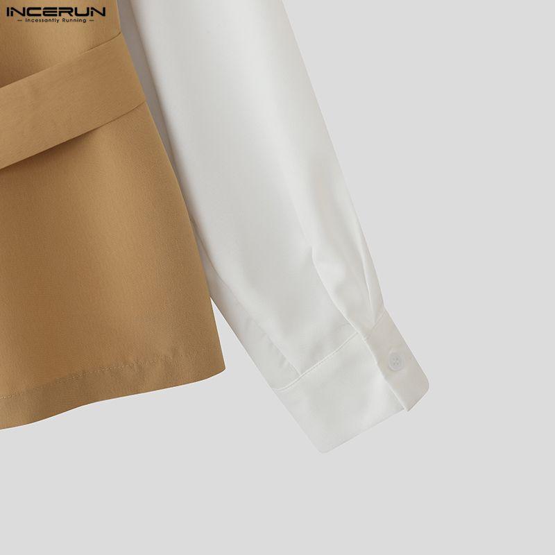 INCERUN Men Lapel Neck Patchwork Hit Color Long Sleeve Casual Shirts Tops