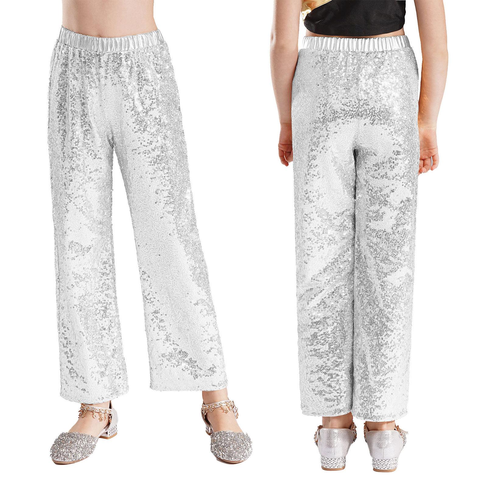 Kinder Mädchen Glitzernde Paillettenhose Hohe Taille Elastischer Bund Weite Hose Jazz Tanz Bühnenauftritt 5-6 Years silber