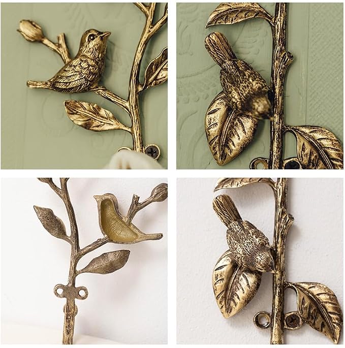 Golden Vintage Floral Branch-and-Bird Decorative Alloy Wall Hook Small Bird Hook — Style C