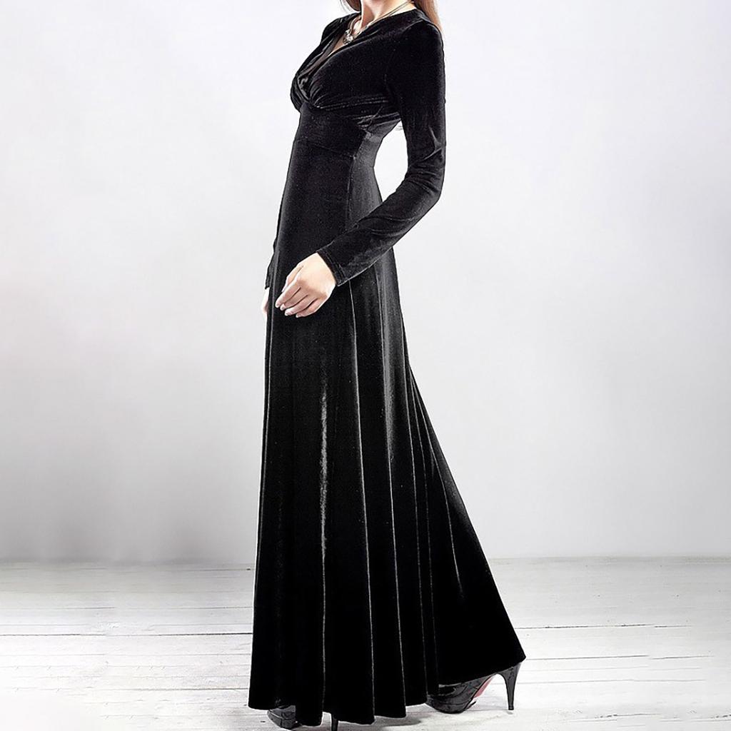 Women's And Winter Gold Velvet V-Neck Solid Color Long-Sleeved Party Dress