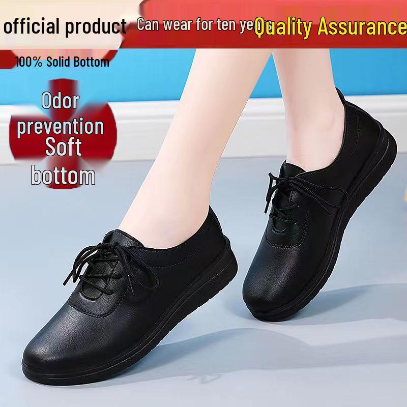 Women's Black Soft Leather Anti-Slip Loafers for Long Hours in Hotel Kitchens