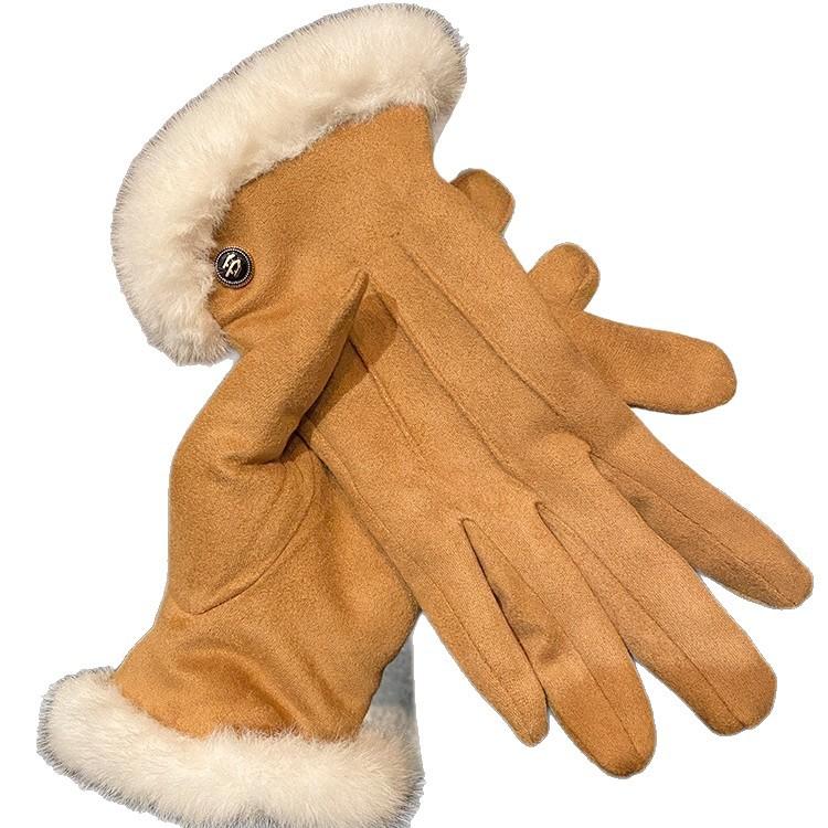 Suede Brown Plush Gloves for Women in Autumn and Winter Thickened and Velvet To Keep Warm and Cold Proof for Students To Ride Outdoors