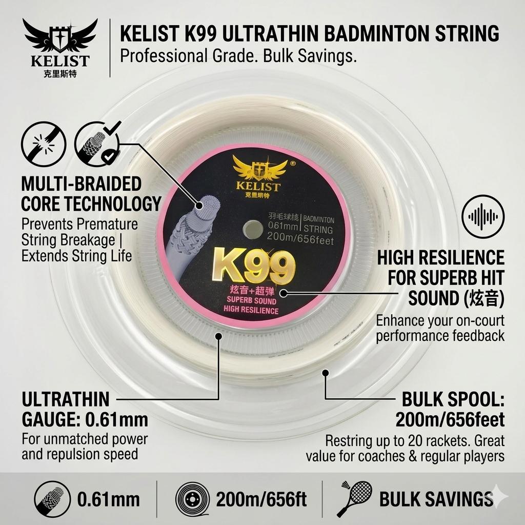 0.61mm 200m White Nylon Badminton String High Resilience & Bright Sound Professional Training & Competition Use KELSIT PRO99