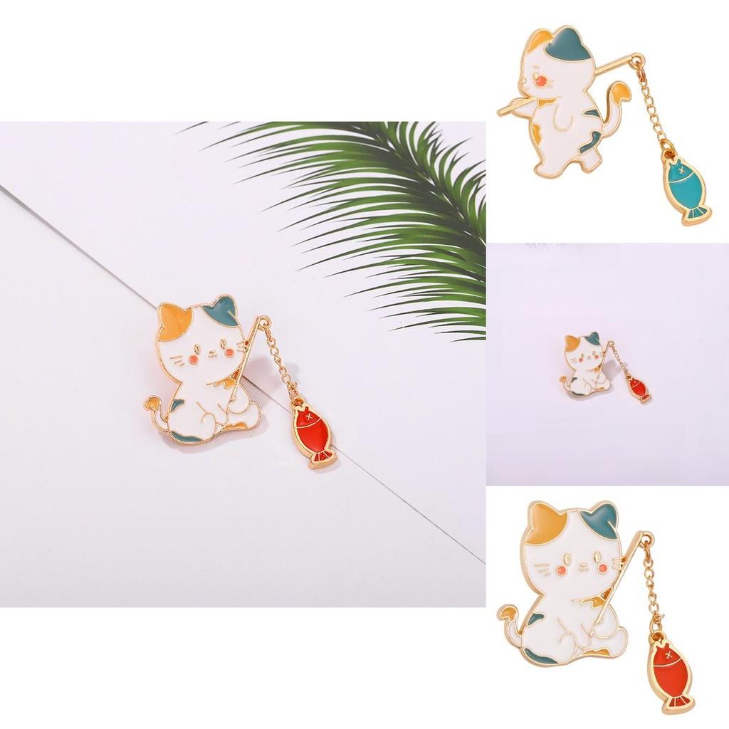 Cat Cartoon Fishing Style Metal Badge Accessory Sweater Jacket Decoration Brooch