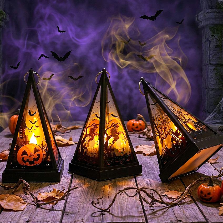 Halloween Decoration Triangular Square Base Lantern LED Candle Light 2026 New Creative Prop Decorative Small Portable Lamp 