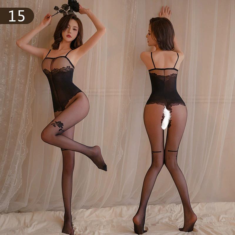 Black Open-Crotch Fishnet Bodysuit & Silk Robe Set