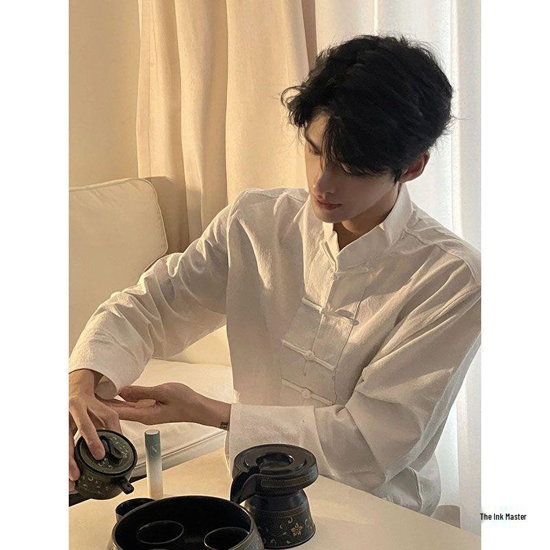 Pánský čínský zenový styl ledový hedvábí oblek Tang: Košile s dlouhým rukávem a stojáčkem
