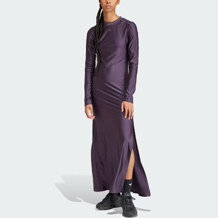 Adidas Originals Elongated Dress Solid Color Long Side Split Sports Slim Fit Long Sleeve Dress Women Dresses Purple IS4590