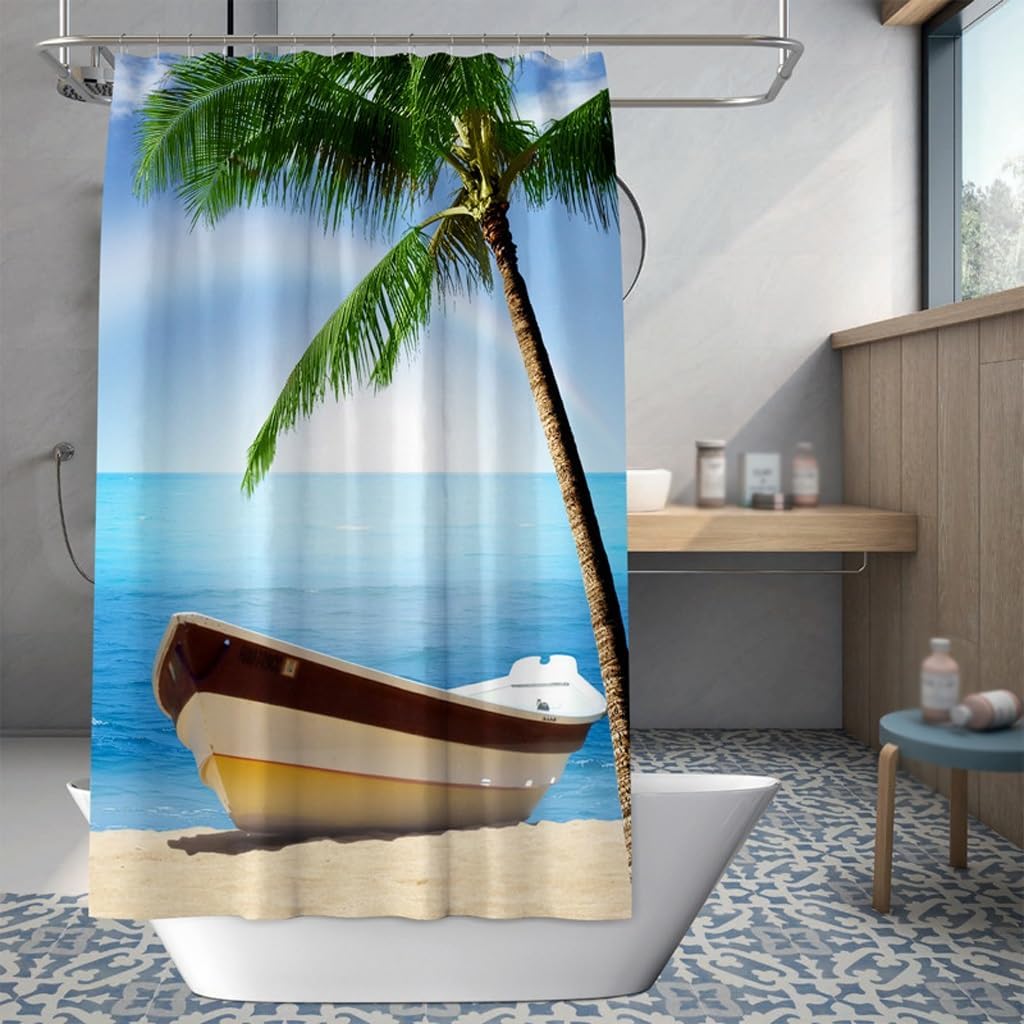 

1 Piece Coconut Beach Scenery Printed Shower Curtain Bathroom Polyester Waterproof Shower Curtain For Bathroom Decoration W60H190(CM)-1 Pcs