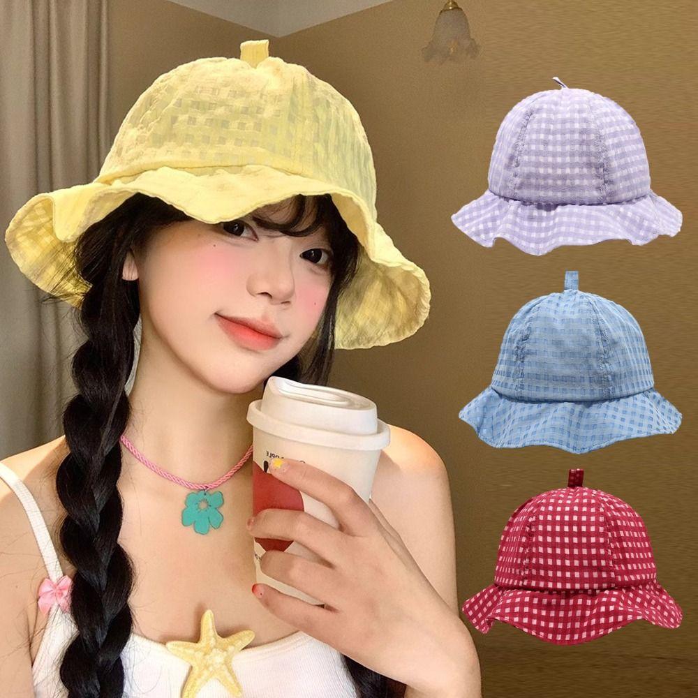 Versatile Plaid Bucket Cap Japanese Women's Sun Hat Fashion Fisherman Caps  Travel